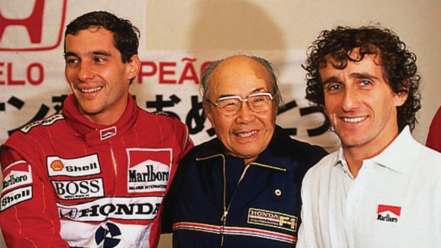 Ayrton Senna  and Alain Prost with Soichiro Honda
